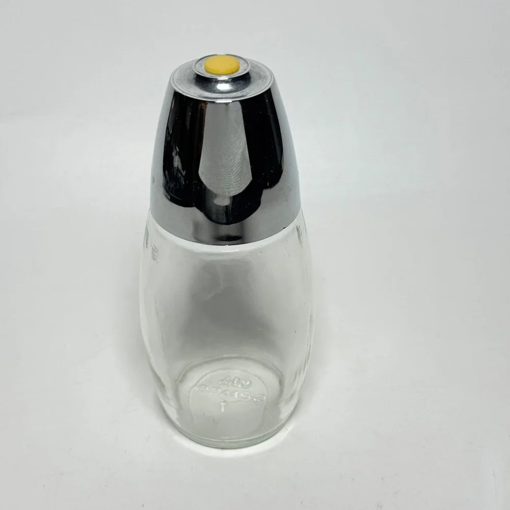 Vintage Gemco Glass Sugar Dispenser Chrome Lid Yellow Button MCM Made in USA